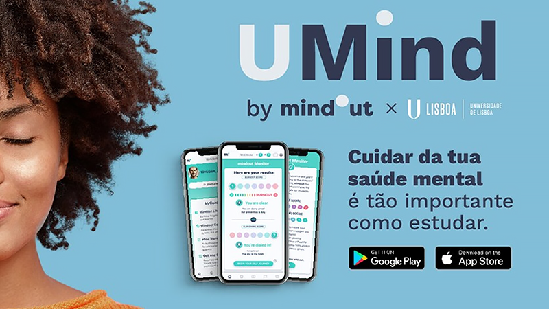 Título "UMind" e fotografias de estudante e ecrãs de telemóvel