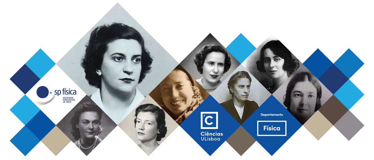 Mosaico de fotografias de 8 mulheres cientistas e logótipos da SPF e de Ciências ULisboa