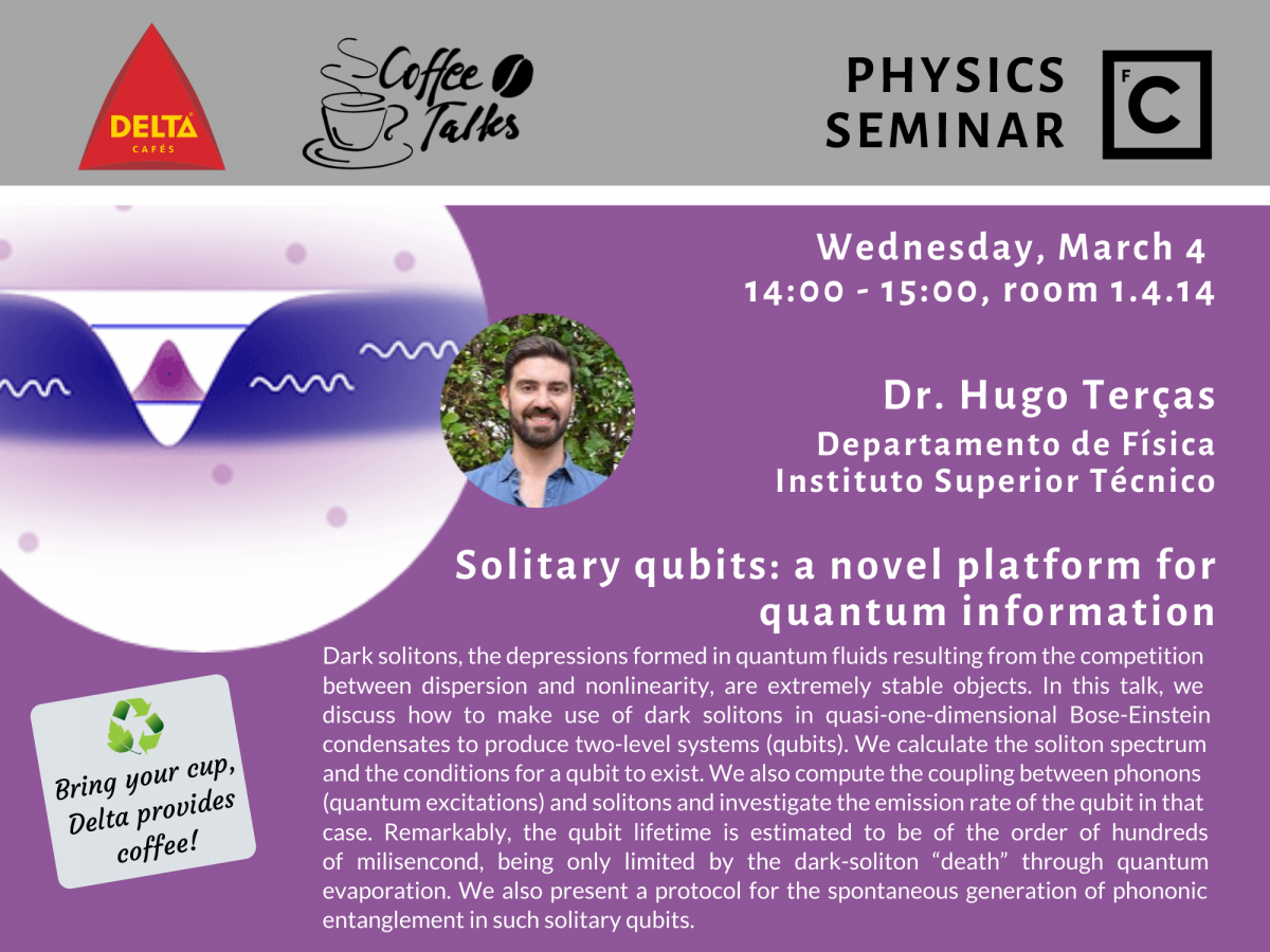 Cartaz do Seminário "Solitary qubits: a novel platform for quantum information"