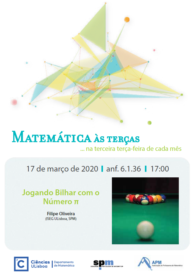 Cartaz do evento Matemática às Terças "Jogando bilhar com o número π"