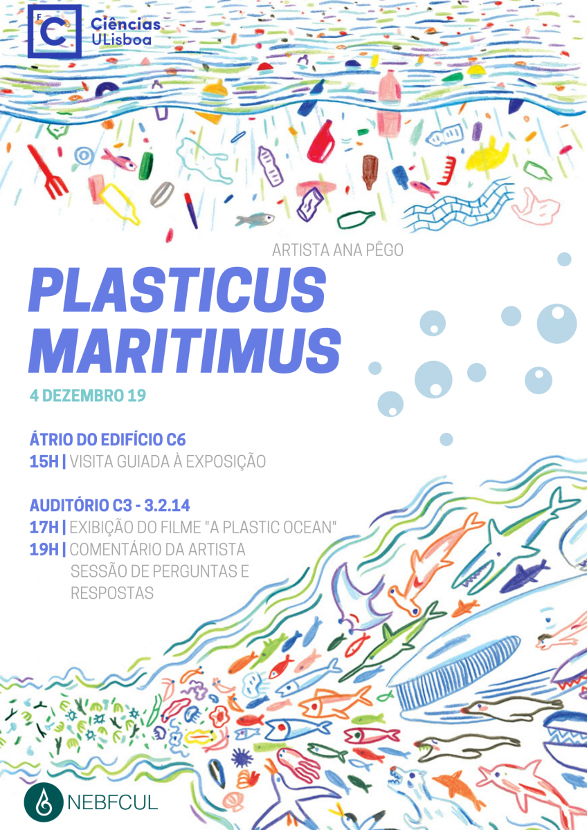 Cartaz das atividades do dia 04 de dezembro de 2019, realizadas no âmbito da exposição "Plasticus maritimus, uma espécie invasora"