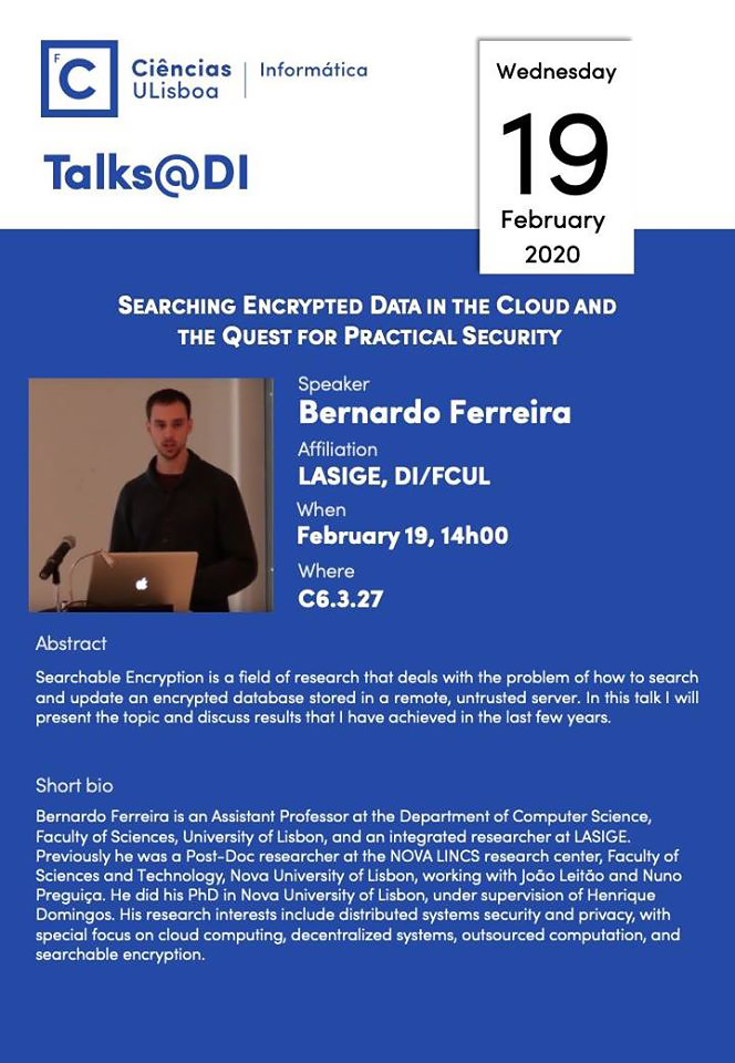 Talks@DI "Searching Encrypted Data in the Cloud and the Quest for Practical Security"