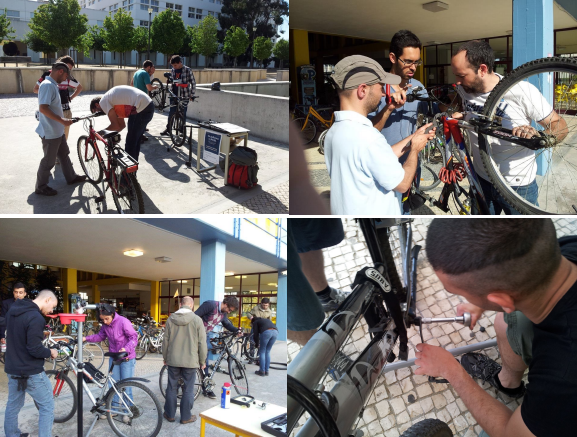 Mosaico de 4 fotografias relacionadas com atividades da Cicloficina