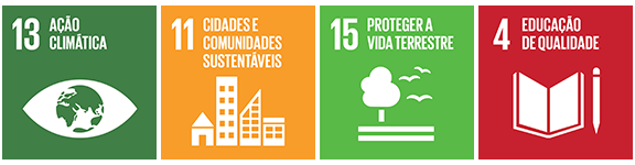 “13 - Ação Climática”, “11 - Cidades e Comunidades Sustentáveis”, "15 - Proteger a Vida Terrestre", “4 - Educação de Qualidade”