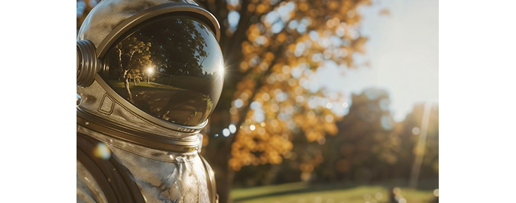 Astronaut, bathed in sunlight, in the middle of a forest