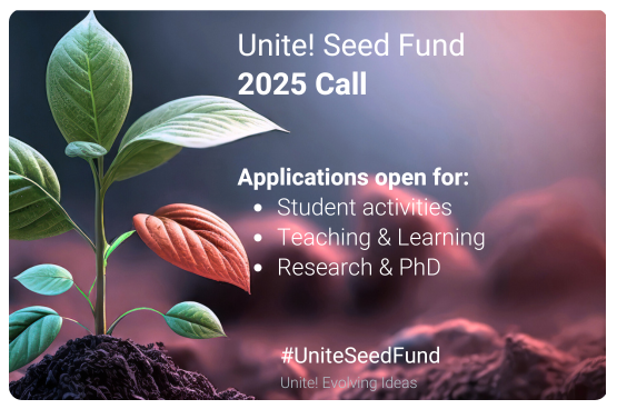 Título "Unite! Seed Fund" e fotografia de planta