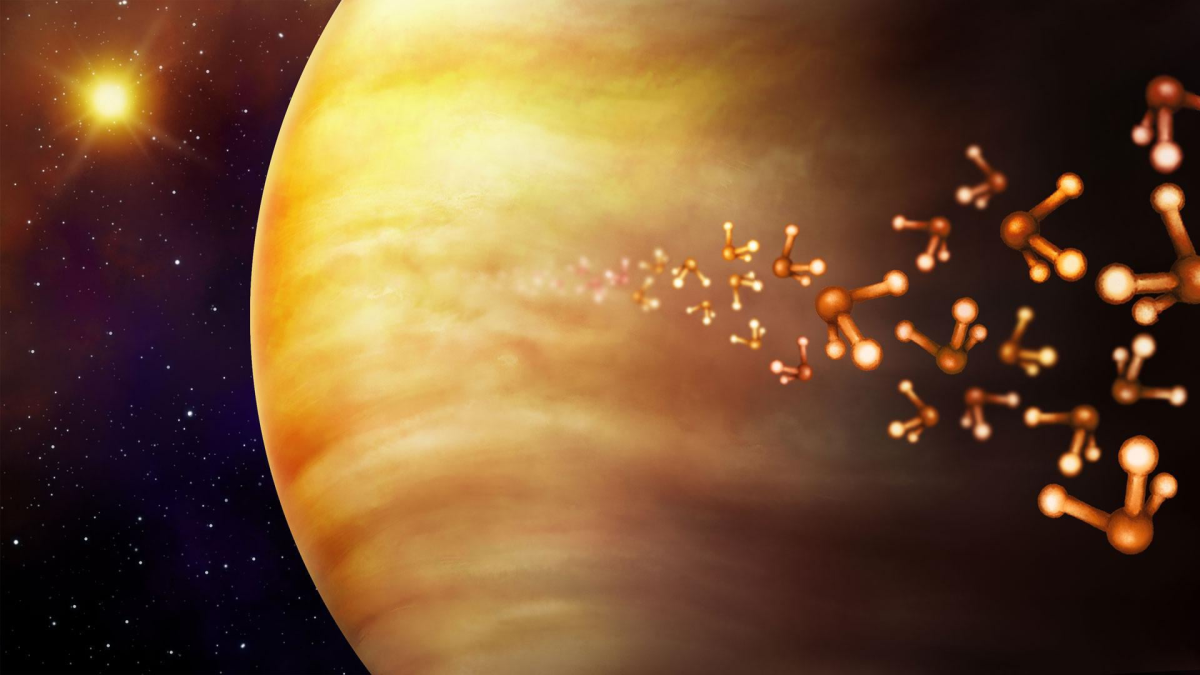 Ilustração do planeta Vénus e da molécula de fosfina, constituída por um átomo de fósforo e três de hidrogénio. A fosfina é considerada um bioindicador, ou seja, um possível indicador de atividade biológica