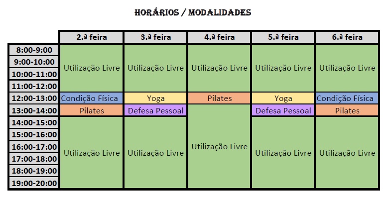Tabela com os vários horários e modalidades disponíveis