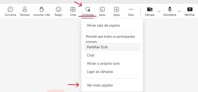 Controlos adicionais do Teams