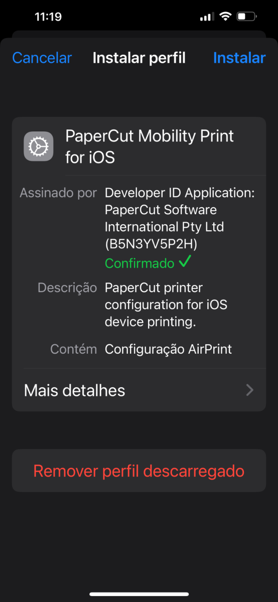 Instalação do perfil papercut em IOS