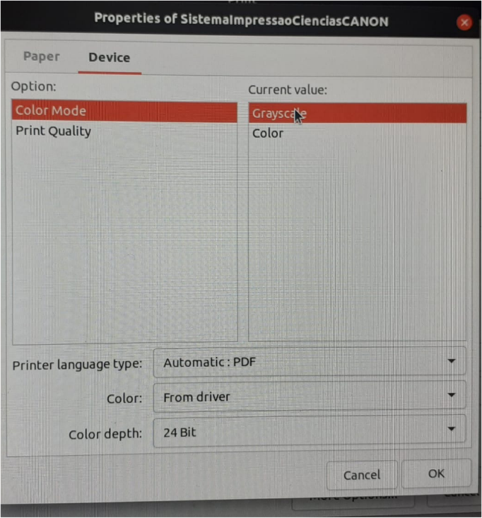 Separador device nas opções de impressão em Linux