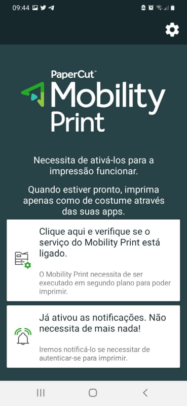 Página de entrada do Mobility Print em Android