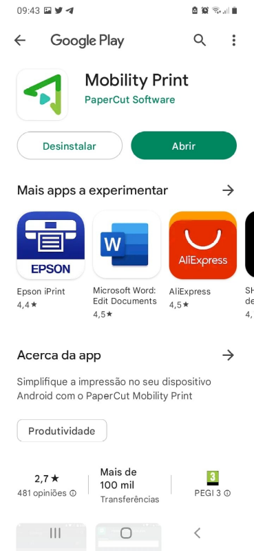 Página do Mobility Print no Google Play 