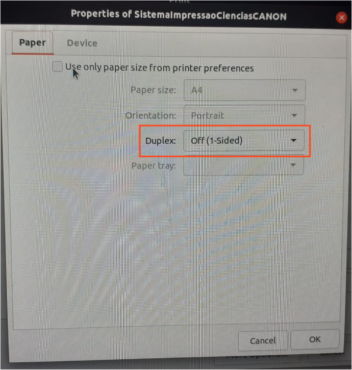 Configuração do tipo de papel em Linux