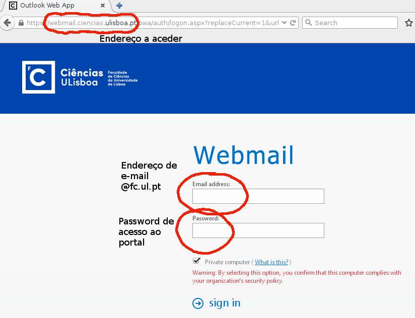 Página de autenticação no webmail