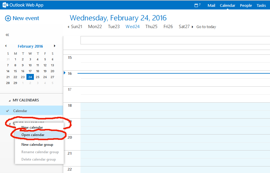 Adição de novos calendários à lista de calendários visiveis no outlook/webmail