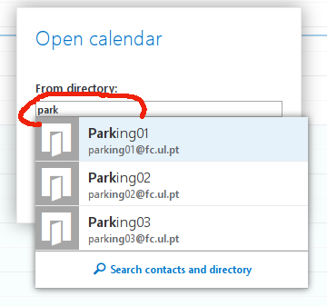 Lista de calendários disponíveis. Preenchendo as primeiras letras "Park" surge a lista de calendários com essas letras e portanto todos os lugares de estacionamento