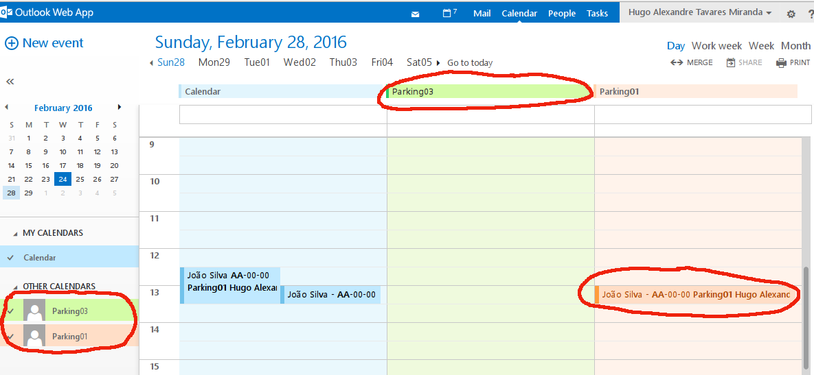 Página do webmail apresentando o calendário pessoal e os calendários de estacionamento selecionados
