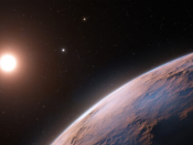 Imagem artística de Proxima d, o candidato a planeta recentemente detetado à volta da estrela anã vermelha, Proxima Centauri, a estrela mais próxima do Sol