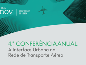 Título/data/local do evento e fotografia de avião a sobrevoar cidade