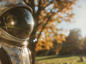 Um astronauta olha em frente num jardim ensolarado