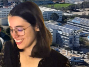 Francisco Silva e Raquel Teixeira respondem a algumas perguntas sobre como foi seu processo de decisão para realizar uma mobilidade Erasmus + Imagem composta com o Francisco e a Raquel na frente e a Faculdade de Ciências da ULisboa atrás