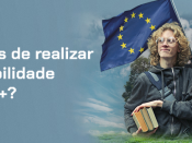 Título "Gostarias de realizar uma mobilidade Erasmus+?" e fotografia de estudante