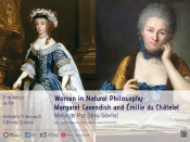 Título do evento e pinturas de Margaret Cavendish e Émilie du Châtelet