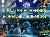 Título "Ciências Forenses / Forensic Sciences", sobre mosaico de fotografias alusivas à temática