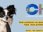 Logótipo do projeto, fotografia de cão com óculos e título/data/horário do evento