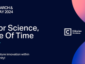 Logótipo de Ciências ULisboa, título/data do evento, título "Time for Science, Science of Time" e representação gráfica de ampulheta