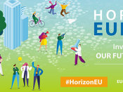Iconografia associada ao Horizon Europe (logótipos e representação de pessoas a trabalhar e conviver ao ar livre)