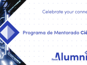 Logótipo da Rede Alumni, slogan "Celebrate your connection", título da call e fotografia de túnel luminoso (em tons de azul)