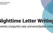 Título do evento, logótipo da Unite! e representação de mão a escrever uma carta