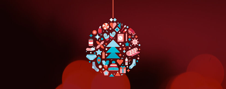Ilustração representativa de decoração de natal, composta por vários bens, em tons de vermelho
