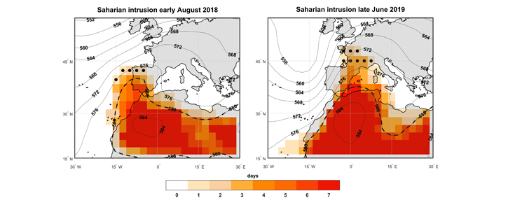 Ondas de calor de 1 a 7 de agosto de 2018 (à esquerda) e de 24 a 30 de junho de 2019 (à direita). As cores indicam o número de dias com intrusão de massa de ar quente proveniente do norte de África. Os pontos a negro identificam as regiões que, pela primeira vez (pelo menos desde 1948), foram afetadas por uma massa de ar com essas características