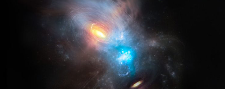 Pormenor da impressão artística do processo de fusão da galáxia NGC 6240