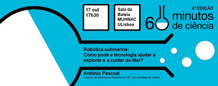 nformações relativas ao evento (título, data, hora, local, orador), sobre um fundo azul