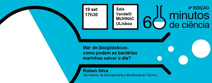 Informações relativas ao evento (título, data, hora, local, orador), sobre um fundo azul