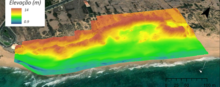 Modelo digital de superfície da duna de Porto Santo, com evidência da perturbação da duna frontal atualmente sujeita a deflação eólica