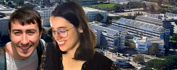 Imagem composta com o Francisco e a Raquel na frente e a Faculdade de Ciências da ULisboa atrás
