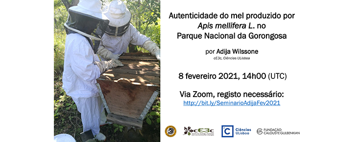 Imagem ilustrativa do evento (apicultura), acompanhada de várias informações (título, data e hora do evento; orador; logótipos das entidades organizadoras)