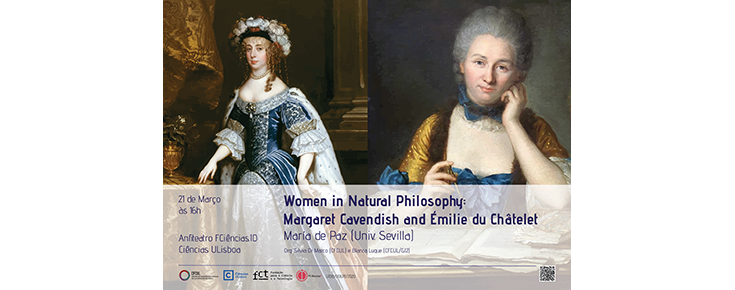 Palestra "Women in Natural Philosophy: Margaret Cavendish and Émilie du Châtelet" Título do evento e pinturas de Margaret Cavendish e Émilie du Châtelet