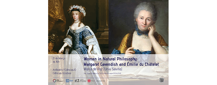 Título do evento e pinturas de Margaret Cavendish e Émilie du Châtelet