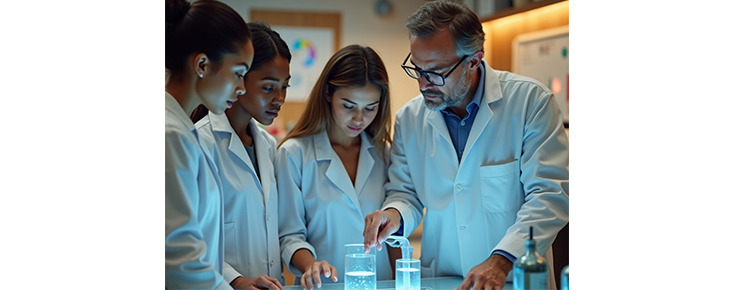 Curso "Economia Circular em contexto de laboratórios de investigação e ensino" Quatro investigadores num laboratório