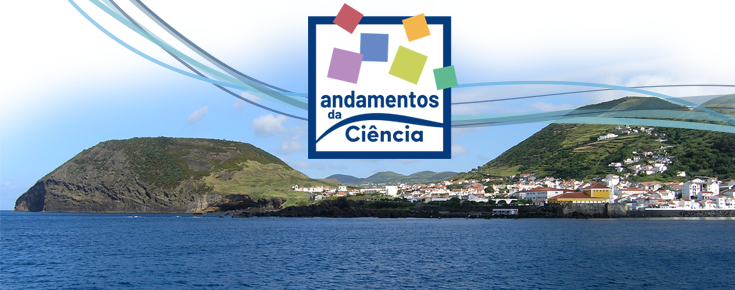 Logótipo da iniciativa, sobre uma fotografia da Ilha de S. Jorge, Açores