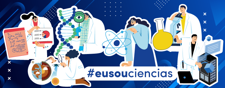 #eusouciencias e imagens ilustrativas de algumas áreas científicas