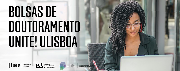 Title of the call, logos of the promoting organisations and a photograph of a young researcher using a laptop on a café terrace