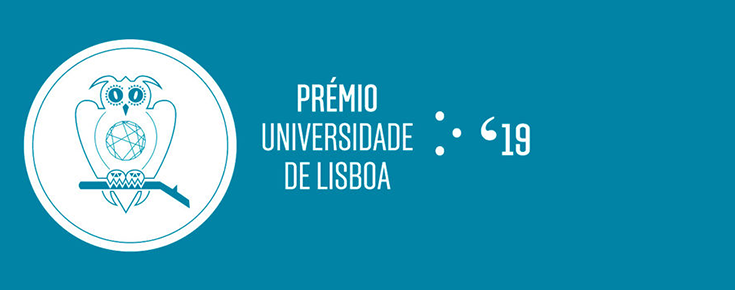 Logótipo do Prémio Universidade de Lisboa 2019, sobre um fundo azul