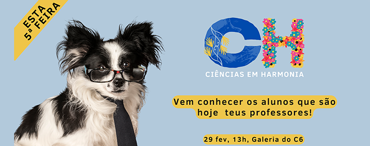 Logótipo do projeto, fotografia de cão com óculos e título/data/horário do evento